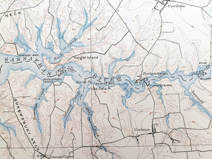 Antique Chesapeake Bay, Maryland 1900 US Geological Survey Topographic Map – Sassafras River, Crystal Beach, Cecilton, Hack Point, Elk Neck