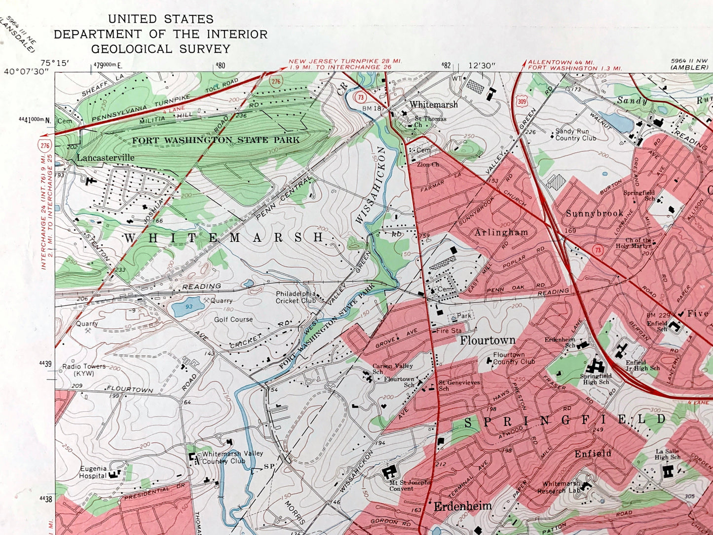 Antique Germantown, Pennsylvania 1967 US Geological Survey Topographic Map – Philadelphia, Montgomery County, Whitemarsh, Springfield, PA