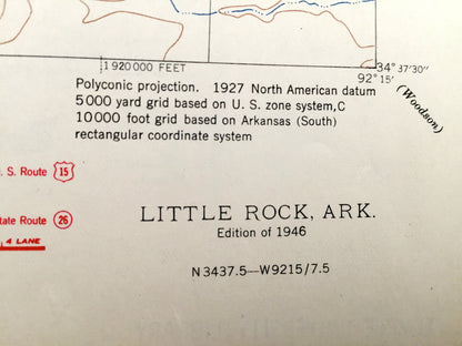 Antique Little Rock, Arkansas 1946 US Geological Survey Topographic Map – Pulaski, Saline County, Geyer Springs, Brodie, Big Rock, AR