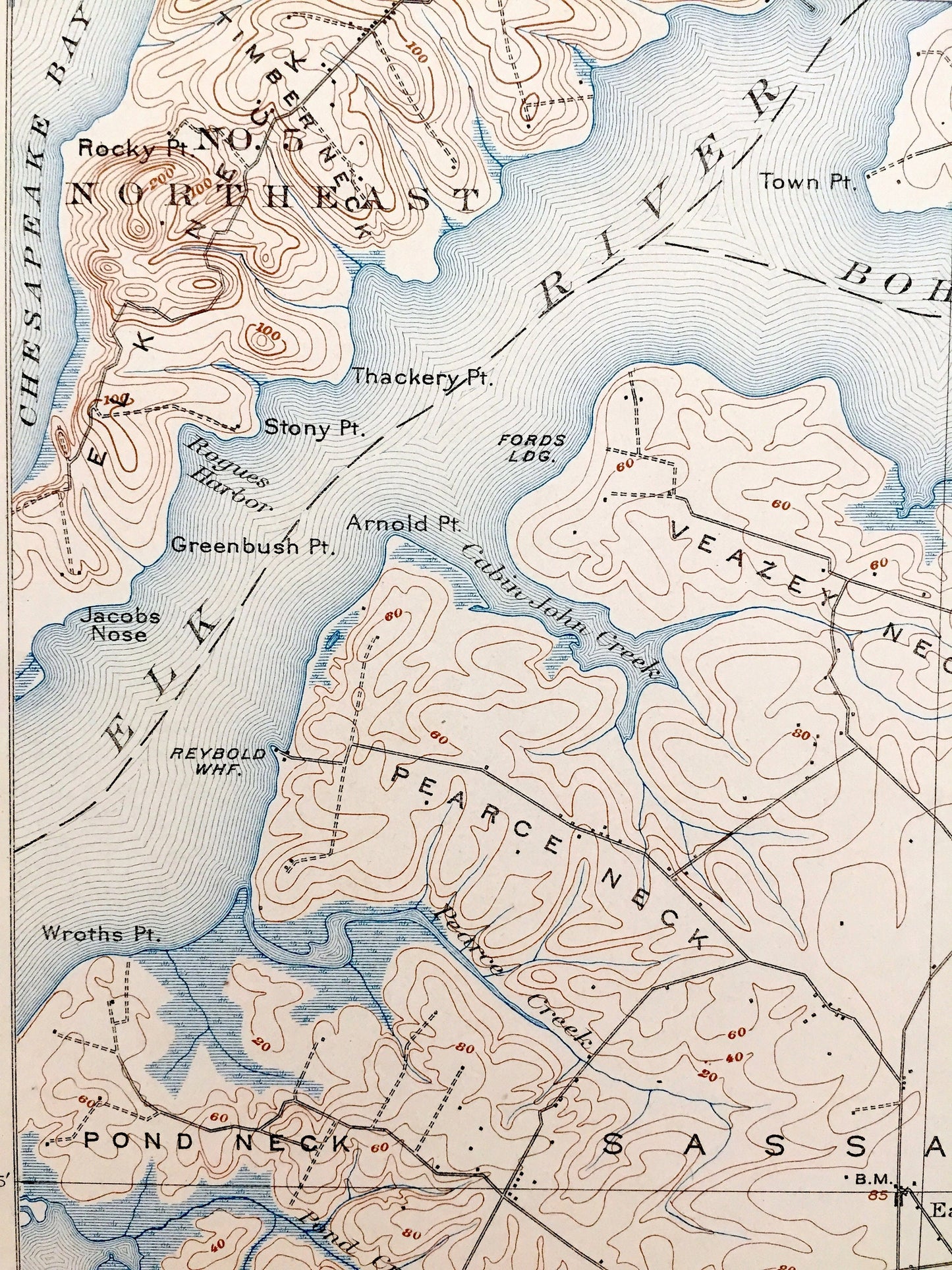 Antique Chesapeake Bay, Maryland 1900 US Geological Survey Topographic Map – Sassafras River, Crystal Beach, Cecilton, Hack Point, Elk Neck