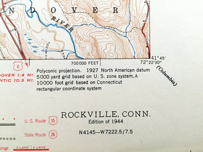 Antique Rockville, Connecticut 1944 US Geological Survey Topographic Map – Andover, Bolton, Coventry, Tolland, Vernon, Manchester, CT