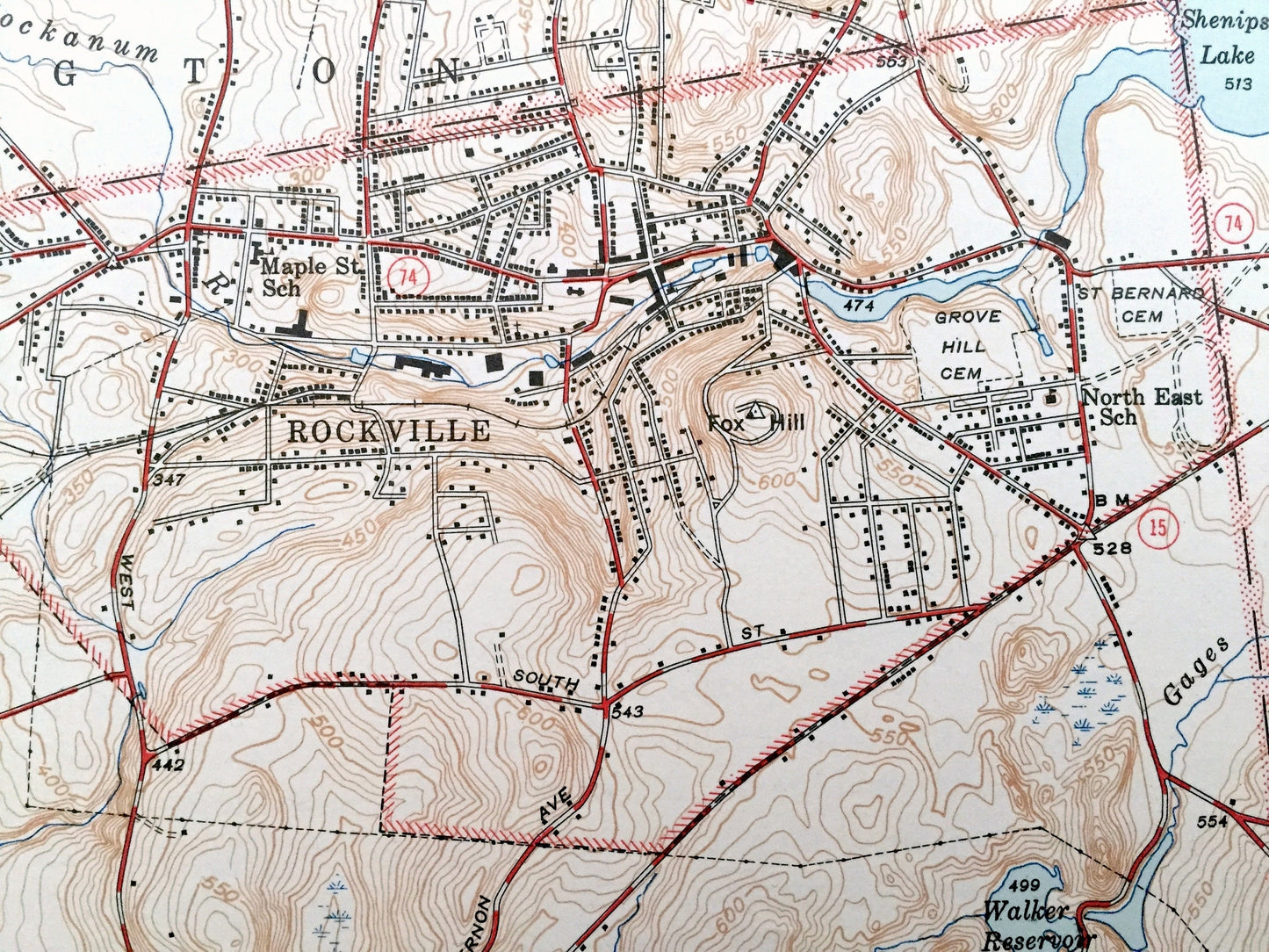 Antique Rockville, Connecticut 1944 US Geological Survey Topographic Map – Andover, Bolton, Coventry, Tolland, Vernon, Manchester, CT